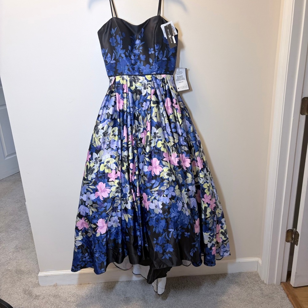 Betsy & Adam Floral High-Low Ballgown Dress Blue Pink Black Size 8 NWT